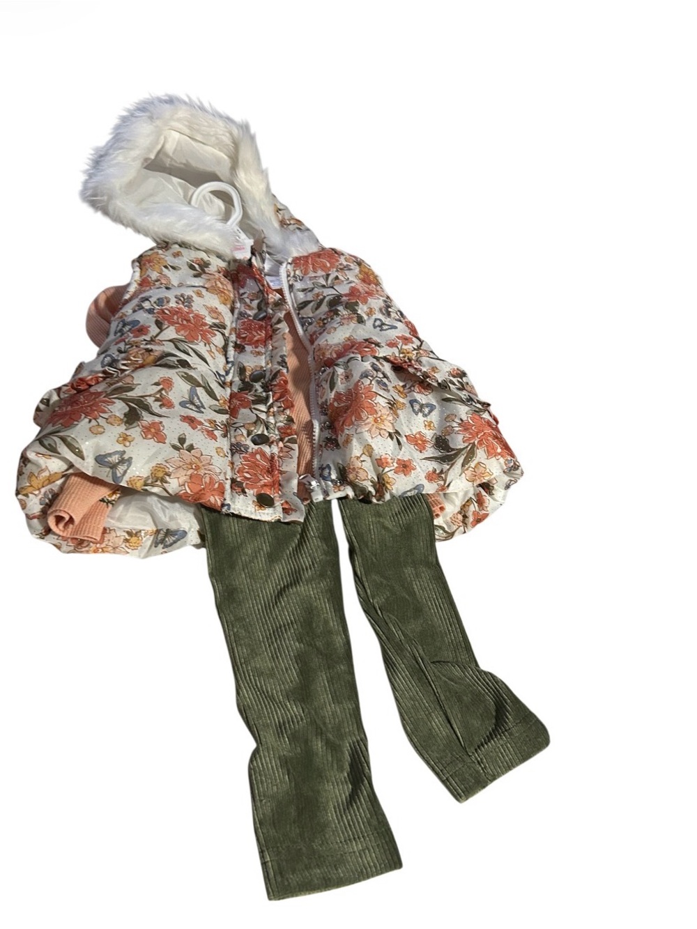 Little Lass Floral Hooded Puffer Jacket in Cream & Orange